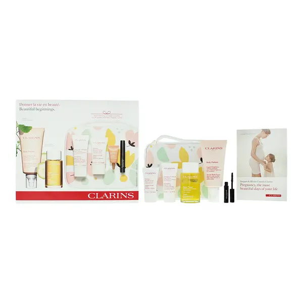 image of Clarins Beautiful Beginnings Maternity Bag 6 Piece Gift Set: Stretch Mark Expert 175ml - Body Oil 100ml - Body Scrub 30ml - Flash Balm 15ml- Eye Cream