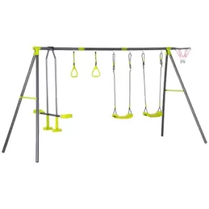 Image of Outsunny Kids Metal Swing Set For Backyard With Adjustable Seats Gym Rings Seesaw - Green