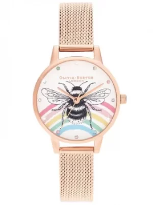 Image of Olivia Burton Illustrated Animals Rainbow Bee Rose Gold Mesh Strap...