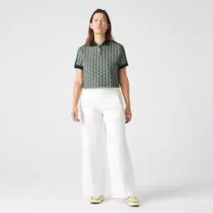 Image of Lacoste Womens Regular Fit Contrast Collar Monogram Print Polo Shirt Size 8 Green / Beige