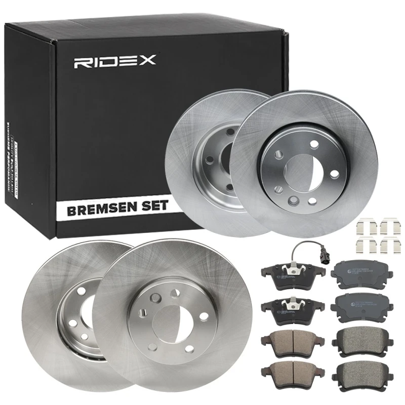 Image of RIDEX 3405B0376 Brake disc and pads set Front Axle, Brake Disc Type: Vented, prepared for wear warning indicator Brake Set,disc brakes (3405)
