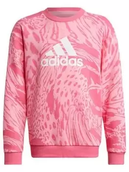 Image of Boys, adidas Future Icons Junior Girls All Over Print Crew Sweat Top - Dark Pink Size 7-8 Years