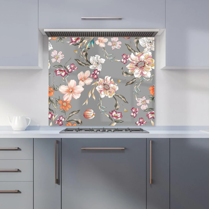 Image of Warren Reed - Designer Peony, Lily, Tulip, Daisy Kitchen Splashback in Grey Size: 700mm x 750mm Grey Unisex 700mm x 750mm