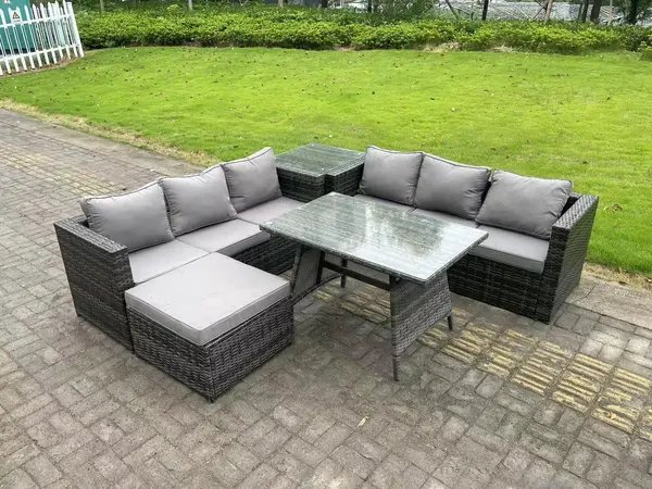 Image of Fimous 6 Seater Outdoor Dark Grey Rattan Lounge Complete Sofa Set with Dining Table, Side Table and Big Footstool