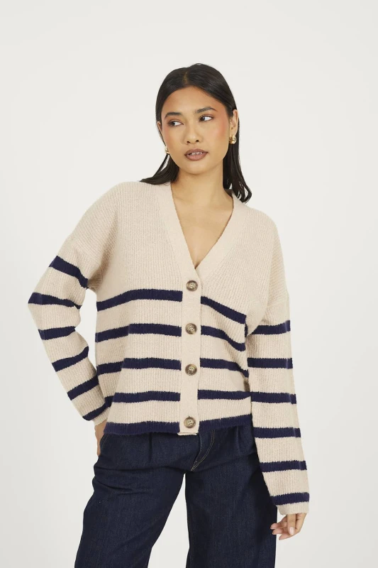Image of Brave Soul Womens Stripe V-Neck Fisherman Knit Cardigan in Light Stone Size: Large Light Stone Female L