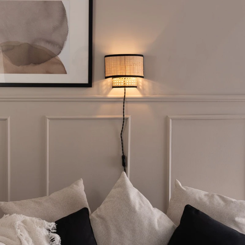 Image of ValueLights Pair of - Plug in Natural Rattan Wicker Cane Easy Fit Wall Lights Brown