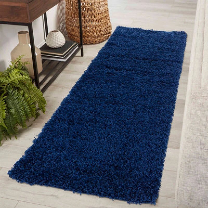 Image of Desire Rugs Plain Living Room Shaggy Area Rugs Navy Runner 60X220 Cm