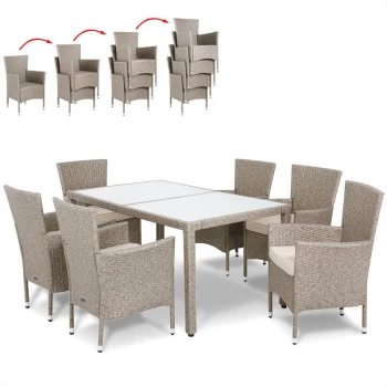 Image of Poly Rattan Garden Furniture Dining Table and Chairs Set Beige Black Brown Rectangular Glass Outdoor Patio Dining (Beige) - Casaria