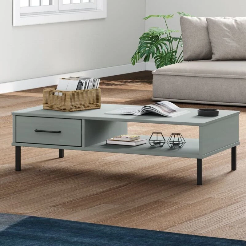 Image of Vidaxl Coffee Table With Metal Legs Grey Solid Wood Pine Oslo, Grey 351037