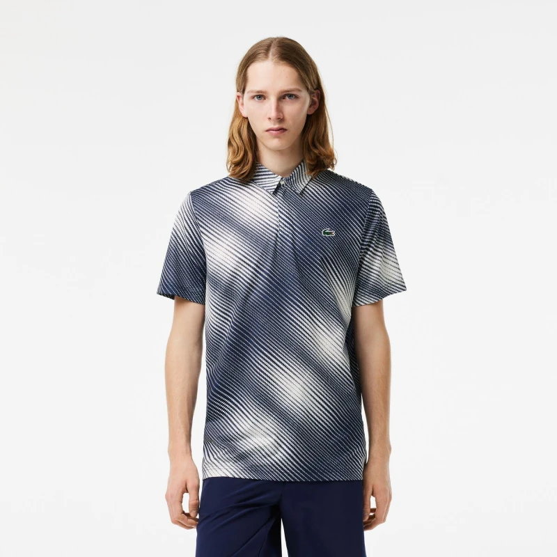 Image of Lacoste Mens Short-Sleeve Performance Polo Shirt Flour/Navy Blue male S