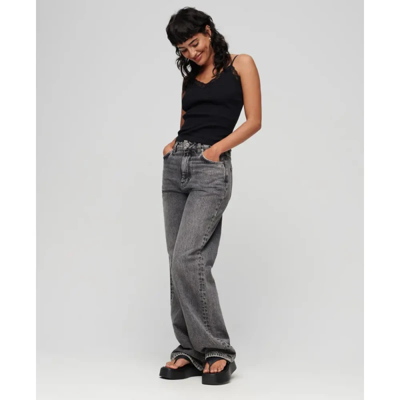 Image of Superdry Womens ribbed tank top in organic cotton with lace trim Superdry Vintage Noir Female S/M