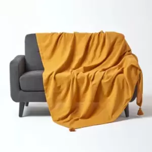 Image of HOMESCAPES Cotton Rajput Ribbed Mustard Throw, 150 x 200cm - Yellow