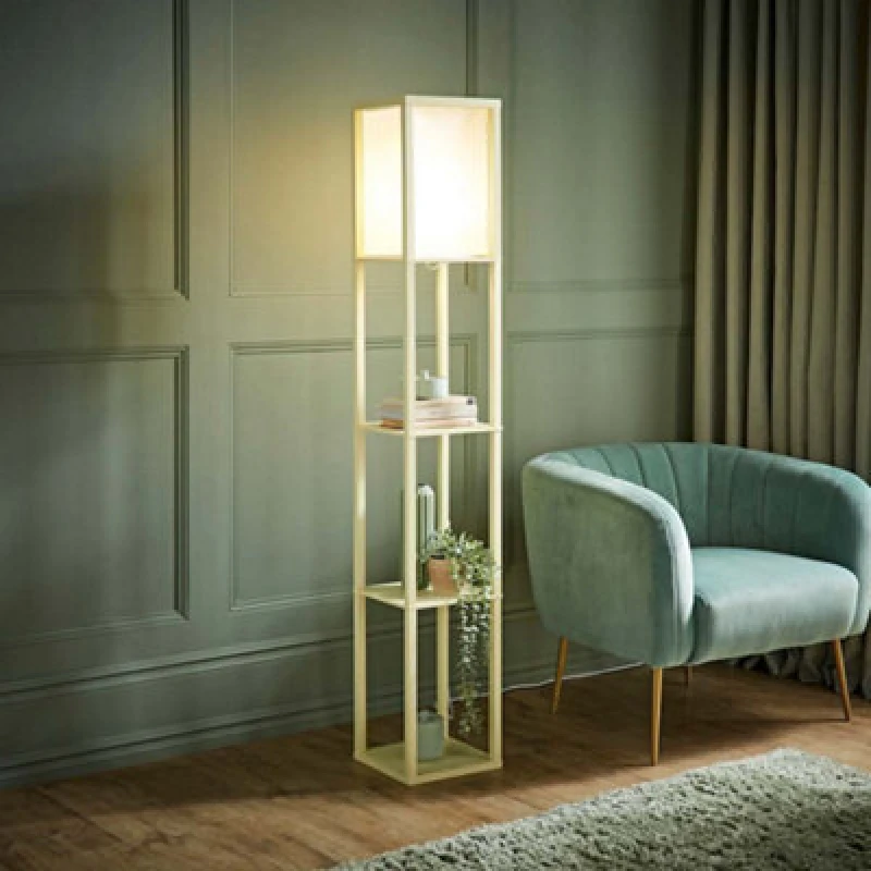 Image of ValueLights ValueLights Struttura Pastel Wooden Shelving Floor Lamp with Fabric Shade in Baby Pink Baby Pink One Size Unisex 5016529271420
