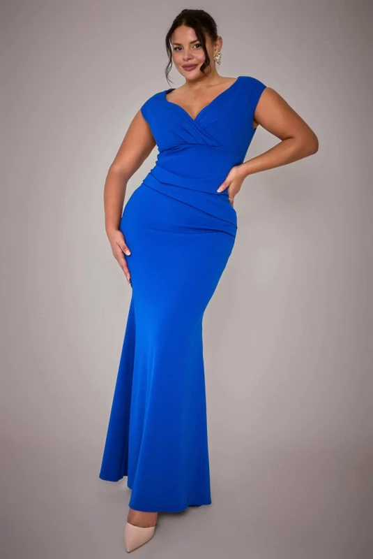Image of Goddiva Womens Bardot Pleated Maxi Dress in Royal Size: 18 Royal Female 18