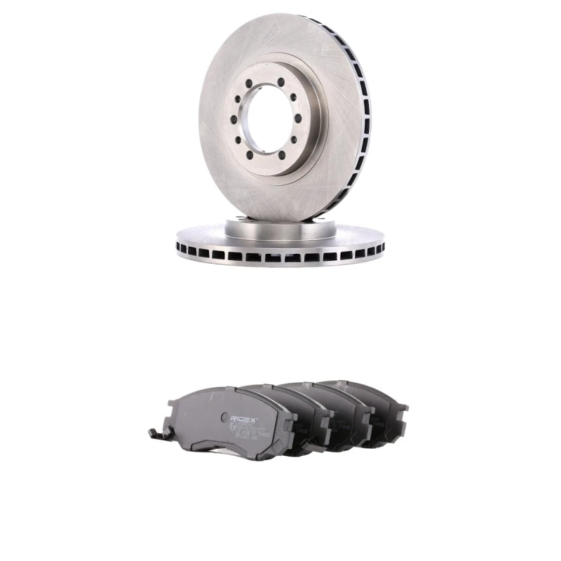 Image of RIDEX 3405B2902 Brake disc and pads set Front Axle, Brake Disc Type: internally vented, with acoustic wear warning Brake Set,disc brakes (3405)