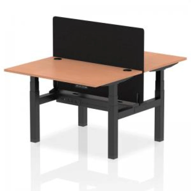 Image of Air Back - to - Back 1200 x 800mm Height Adjustable 2 Person Bench Office Desk Beech Top - Cable Ports Black Frame - Black Straight Screen
