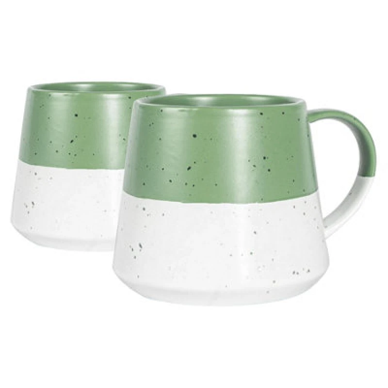 Image of Nicola Spring Colour Block Flecked Stoneware Belly Coffee Mugs - 370Ml - Sage - Pack Of 2