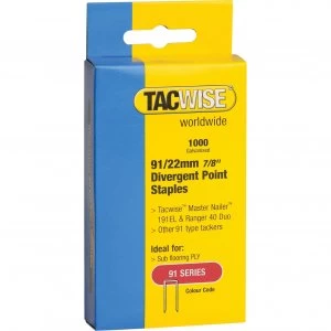 image of Tacwise 91 Divergent Point Staples 22mm Pack of 1000