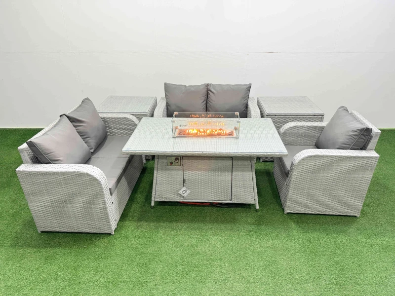 Image of Fimous High Back Poly Rattan Garden Furniture Set with Reclining Chair Loveseat Sofa Firepit Dining Table Indoor Outdoor Patio Set 2 Side Table Light