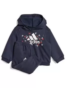 Image of adidas Favourites Toddler Unisex Badge Of Sport Graphic Overhead Hoody And Jogger Set, Dark Blue, Size 0-3 Months, Women