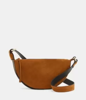 Image of AllSaints Womens Half Moon Suede Crossbody Bag, Brown