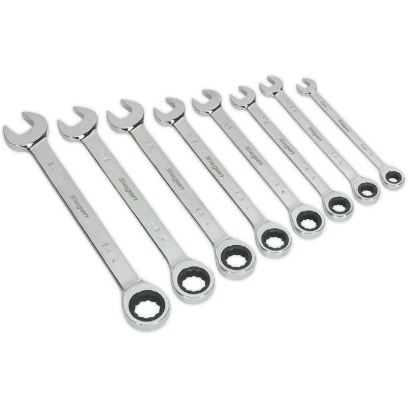 Image of Loops 8pc Slim Handled Combination Spanner Set - 12 Point Imperial Ring Open End Head Multi