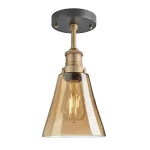 Image of Industville Brooklyn Tinted Glass Flask Amber Flush Mount Light / 6" Pewter Holder