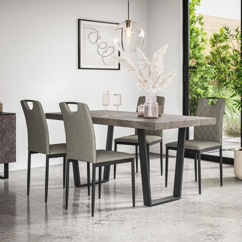 Image of More4Homes Aria Dining Table And Chairs - Concrete Effect Table Top W Black Legs + Monza Linen Dining Chair Set Of 4 (Grey)