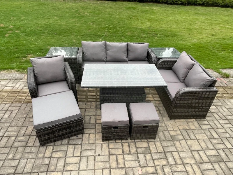 Image of Fimous Rattan Outdoor Furniture Garden Dining Set Patio Height Adjustable Rising lifting Table Reclining Chair Sofa With 2 Side Tables Footstools Dark