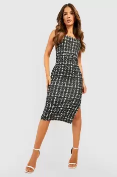 image of Abstract Dogtooth Belted Square Neck Midi Dress