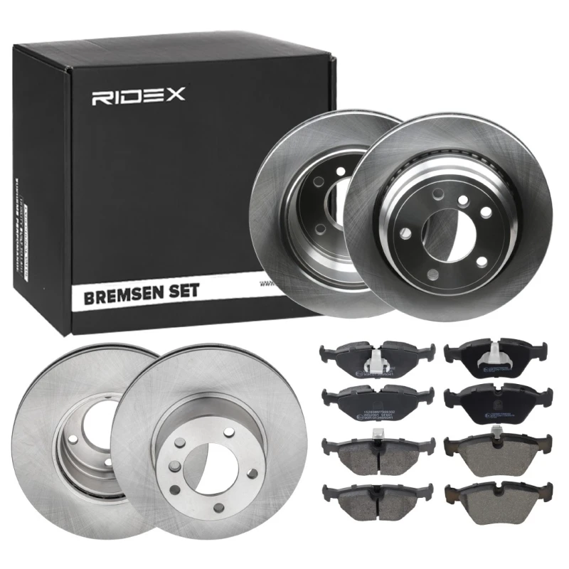 Image of RIDEX 3405B1710 Brake disc and pads set Front Axle, Brake Disc Type: Externally Vented, prepared for wear warning indicator Brake Set,disc brakes (34