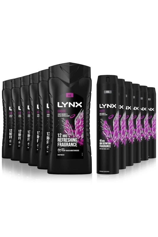 Image of Lynx Mens Excite Shower Gel 500ml 6 Pack with Body Spray 250ml 6 Pack in Black Male