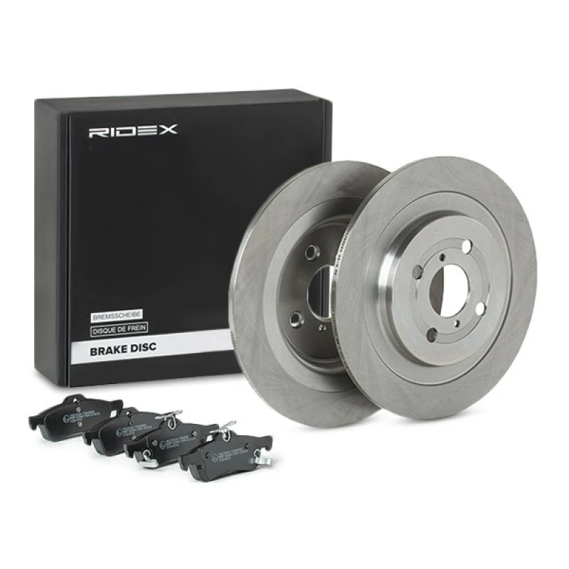 Image of RIDEX 3405B1402 Brake disc and pads set Rear Axle, Brake Disc Type: Solid, with acoustic wear warning, with anti-squeak plate Brake Set,disc brakes (