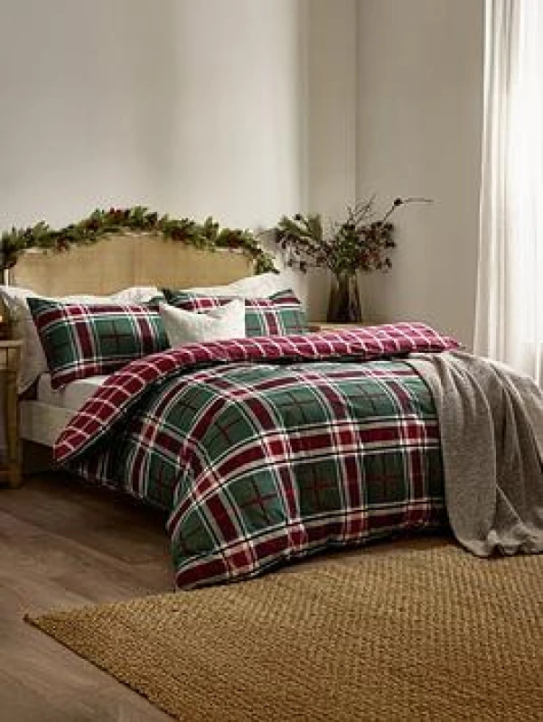 Image of Wylder Nature Braemar Check Soft Brushed Cotton Duvet Cover Set, Single, Berry/Pine, Red 5025532837004