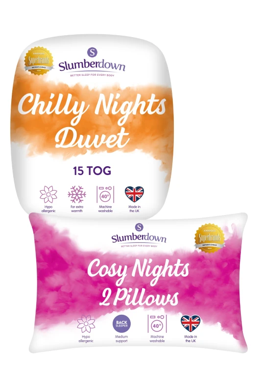 Image of Slumberdown Slumberdown Chilly Nights 15 Tog Duvet, 2 Cosy Nights Pillows in White Size: Super King White Super King Unisex 5061016122204