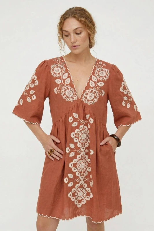 Image of Raffya Womens Arabella V- Neck Embroidered Mini Dress in Copper Size: 12 Copper Female 12