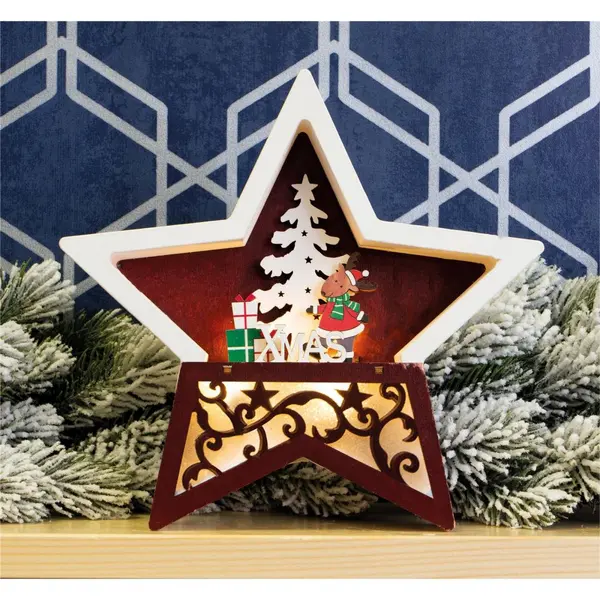 Image of Wooden LED Light Up Christmas Star Decoration with Reindeer & Xmas Tree Battery Powered ELV-443428