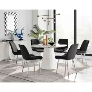 Image of Furniture Box Palma White Marble Effect Round Dining Table and 6 Black Pesaro Silver Leg Chairs