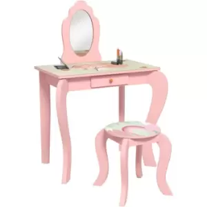 image of ZONEKIZ Kids Dressing Table with Mirror Stool Drawer, Cute Animal Design, Pink - Pink