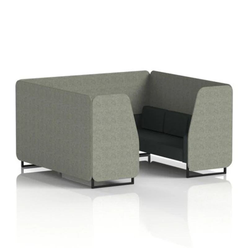 Image of Brixworth 6 Seater Office Booth with Front Panel - Black Legs in Rivet Fabric - Vitreous Panels and Charcoal Sofa