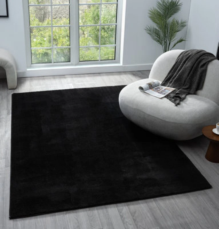 Image of Comfy Washable Low Pile Living Room Area Rug - Anti Slip Felt Backing Black 60Cm X 100Cm