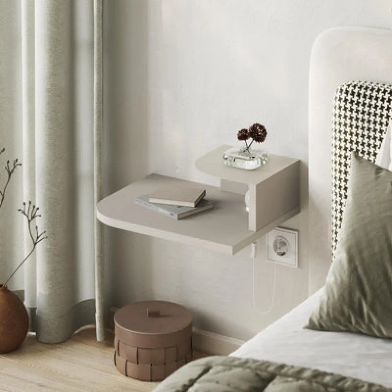 Image of Decortie Floating Bedside Table Modern Corner Design Nightstand 30Cm Wall-Mounted With LED Lamp In 3-Tones For Bedroom, Sandstone