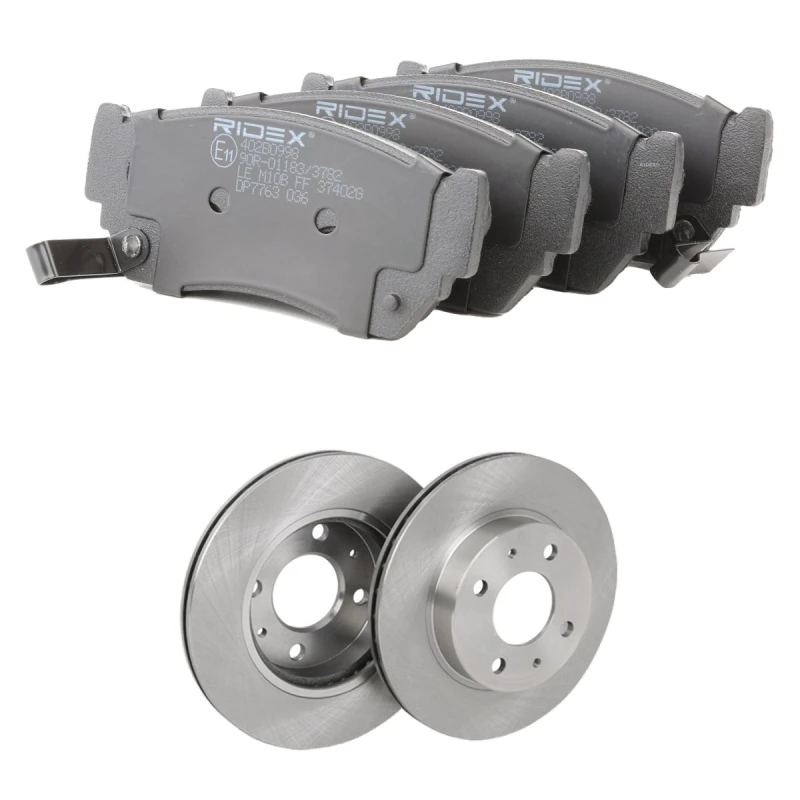 Image of RIDEX 3405B1938 Brake disc and pads set Front Axle, Brake Disc Type: internally vented, with acoustic wear warning Brake Set,disc brakes (3405)