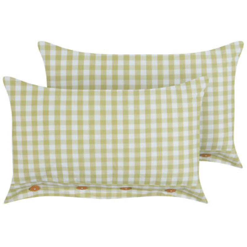 Image of Beliani Set Of 2 Decorative Cushions Talya 40 X 60 Cm Olive Green Checked