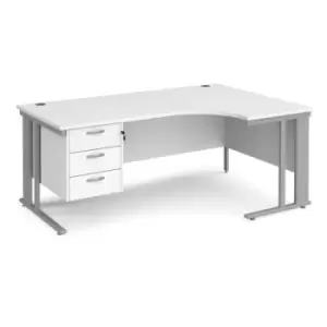 image of Office Desk Right Hand Corner Desk 1800mm With Pedestal White Top With Silver Frame 1200mm Depth Maestro 25 MCM18ERP3SWH