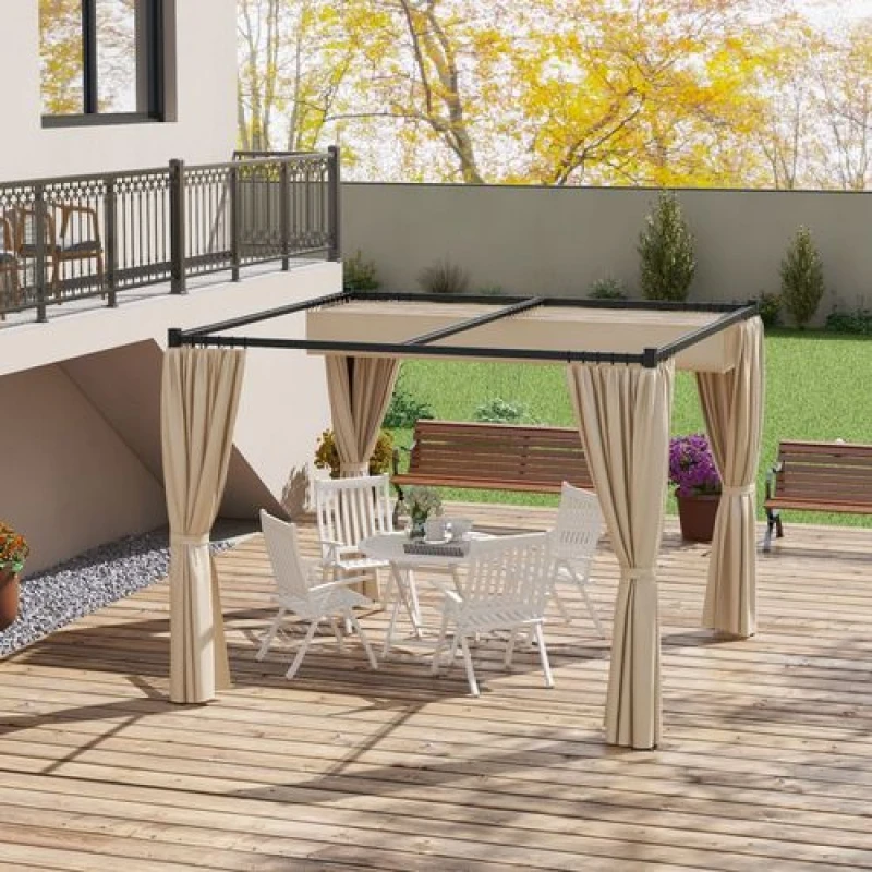 Image of Outsunny 3x3m Retractable Pergola Canopy w/ Curtains - Beige, Cream 84C-441V00BG
