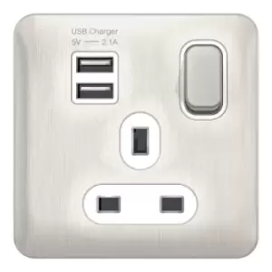 Image of Schneider Electric Lisse Screwless Deco - Switched Single Power Socket, 13A, Single Pole, with 2 USB Charging Ports, 2.1A shared, GGBL30102USBAWSSS, S