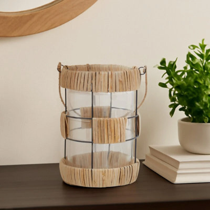 Image of Orsina Natural Rattan Large Lantern, Rustic And Stylish Glass Lantern, Black Metal And Clear Glass Candle Lantern