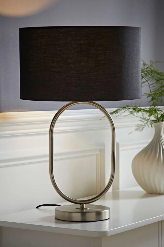 Image of ValueLights ValueLights Antonia Fabric Drum Lamp Shade Brushed Chrome Oval Table Lamp in Black One Size Unisex 5059406064715
