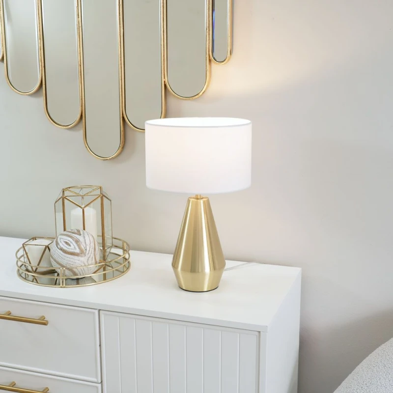 Image of ValueLights Jax Antique Brass Metal Dimmable Touch Table Lamp with Fabric Drum Shade White